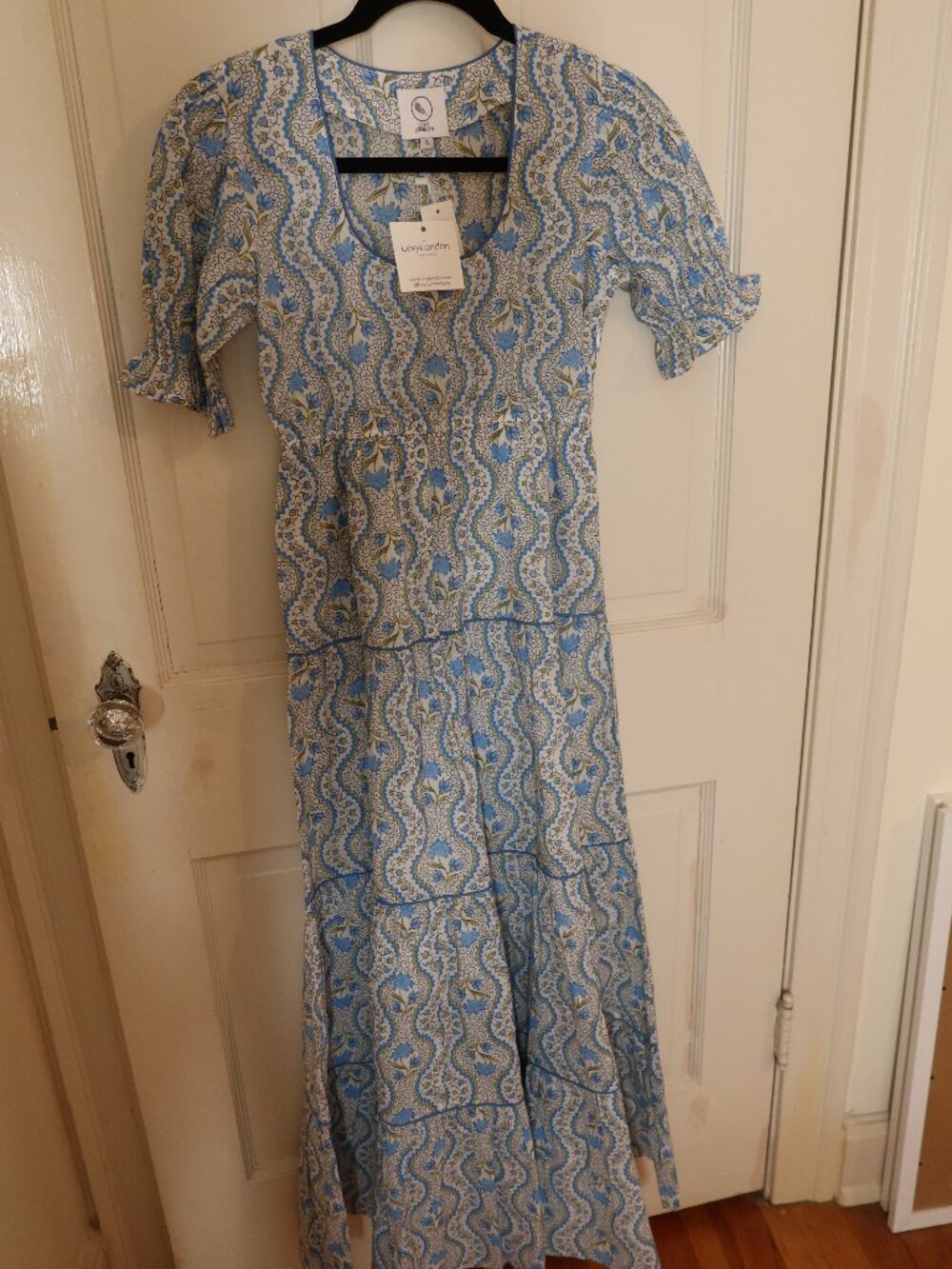 Lexy London Blue & White Block-Print Cotton Maxi Dress